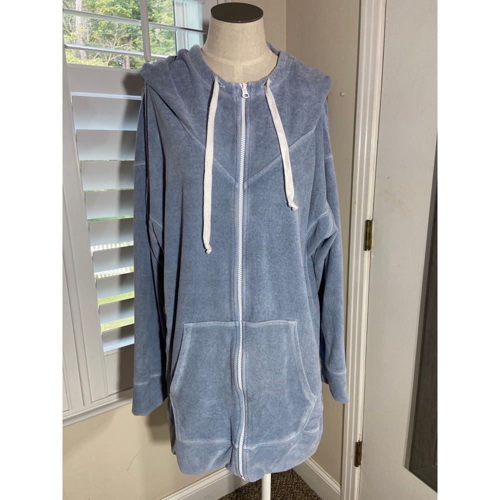 Fabletics Terry Cloth Full Zip Hoodie Medium Blue Oversized Beach Athleisure